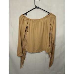Boho Fringe Off Shoulder Top Women's Sm Tan Long Sleeve Festival Western Blouse